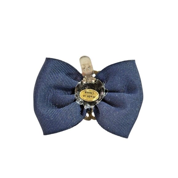 Vintage Shoe Clips Bows 2.25” Navy Blue Ribbon Brass Tone Metal Ring Set Of 2 - Picture 8 of 14